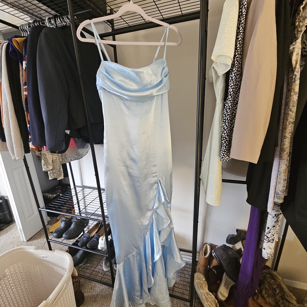 Light Blue Satin Cowl-Neck Ruffle Evening Dress